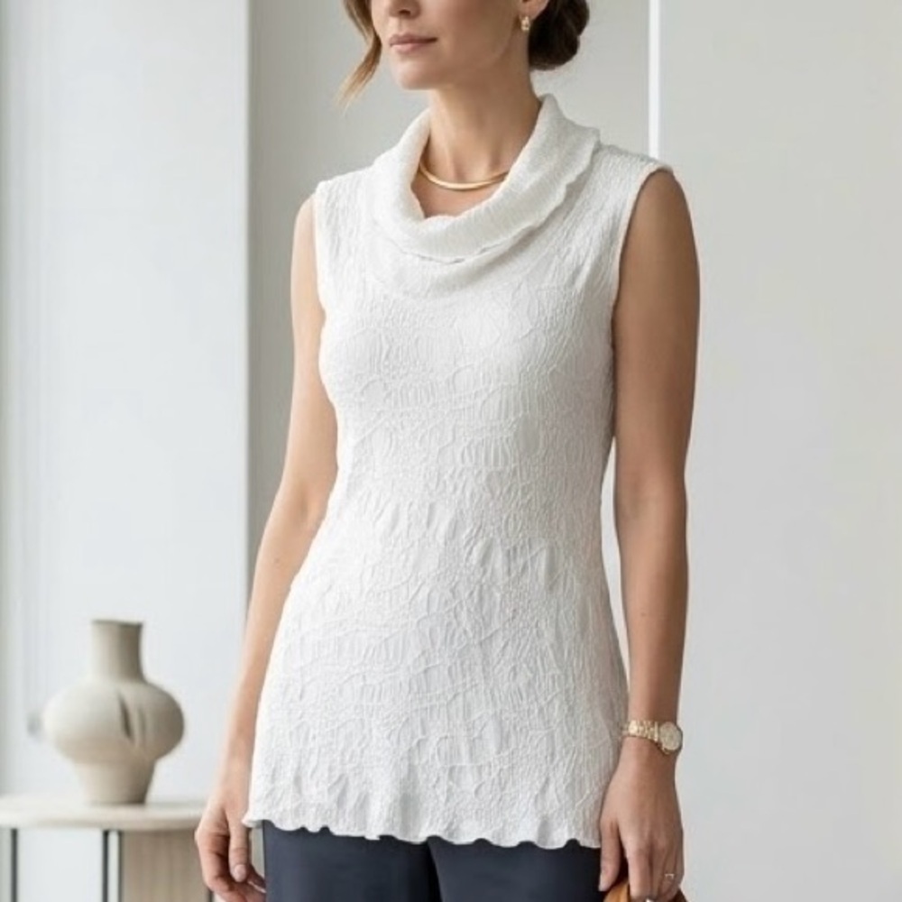 Joseph Ribkoff White Textured Cowl Neck Top Sleeveless Canadian Designer Luxury